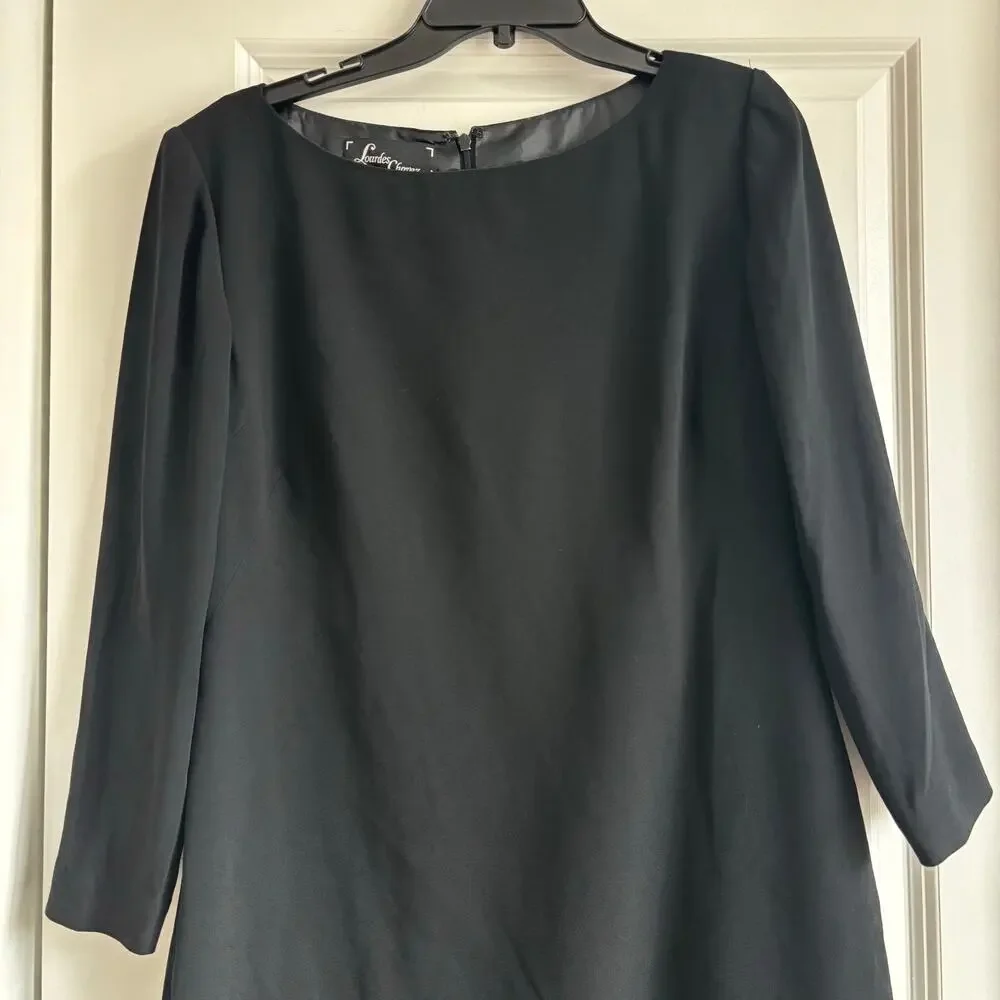 Lourdes Chavez Black Crepe Shift Dress Pleated Rosette Hem Detail Size 12 - Picture 7 of 16